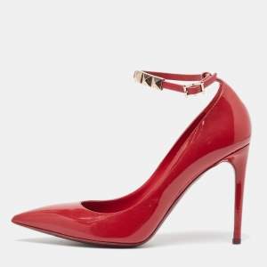 Pre Owned Valentino Burgundy Patent Leather Ankle Strap Pumps Size 39.5