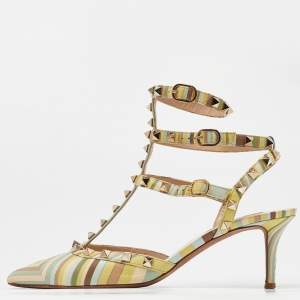 Pre Owned Valentino Multicolor Leather Rockstud Ankle-Strap Pumps Size 39