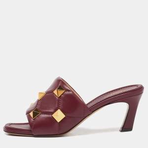 Pre Owned Valentino Red Leather Roman Stud Slide Sandals Size 37