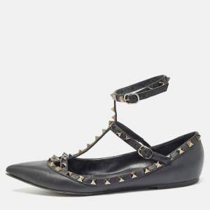 Valentino Black Leather Rockstud Ankle Strap Flats Size 40.5