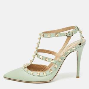 Pre Owned Valentino Mint Green Leather Rockstud Ankle Strap Pumps Size 38