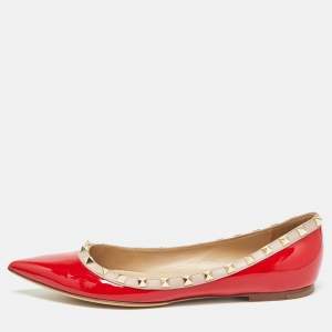 Pre Owned Valentino Red/Beige Patent Rockstud Ballet Flats Size 39.5