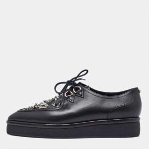 Valentino Black Leather Studded Lace Up Flat Sneakers Size 37.5