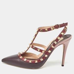 Pre Owned Valentino Burgundy Leather Rockstud Strappy Pointed Toe Pumps Size 41