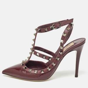 Valentino Burgundy Patent Leather Rockstud Ankle Strap Pumps Size 36.5