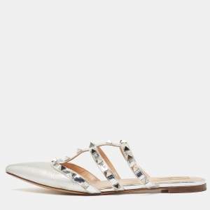 Pre Owned Valentino Silver Leather Rockstud Flat Mules Size 37