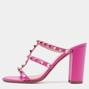 Pre Owned Valentino Pink Leather Rockstud Slide Sandals Size 38