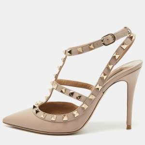 Pre Owned Valentino Beige Leather Rockstud Pumps Size 37.5