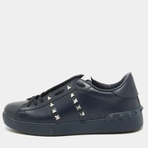 Valentino Navy Blue Leather Rockstud Low Top Sneakers Size 39