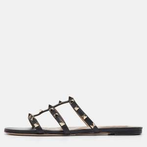 Pre Owned Valentino Black Leather Rockstud Flat Slides Size 39