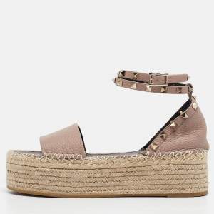 Pre Owned Valentino Pink Leather Rockstud Wedge Espadrille Ankle Strap Sandals Size 39