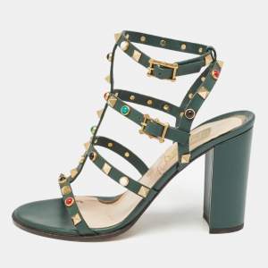 Pre Owned Valentino Dark Green Leather Rolling Rockstud Ankle Strap Sandals Size 38