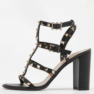 Valentino Black Leather Rockstud Ankle Strap Block Heel Sandals Size 38.5