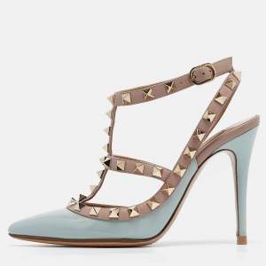 Pre Owned Valentino Light Blue/Old Rose Patent Leather Rockstud Ankle Strap Pumps Size 34
