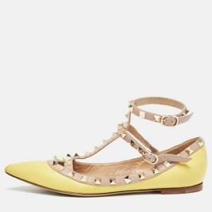 Valentino Yellow Leather Rockstud Strappy Ballet Flats Size 36