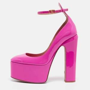 Valentino Pink Patent Leather Tango Platform Block Heel Ankle Strap Pumps Size 39.5