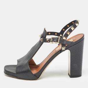 Pre Owned Valentino Black Leather Rockstud Open Toe Block Heel Ankle Strap Sandals Size 36
