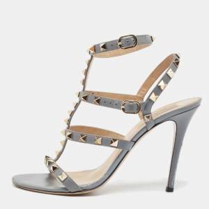 Pre Owned Valentino Grey Leather Rockstud Ankle Strap Sandals Size 38