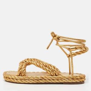 Pre Owned Valentino Gold Braided Leather Ankle Tie Flat Sandals Size 39