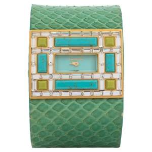 Valentino Aqua Green Gold Tone Stainless Steel Swarovski Crystal Python Leather Women's Wristwatch 39 mm