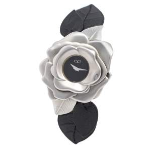 Valentino Black Stainless Steel Flower Motif Leather 87 51 270 025 Women's Wristwatch 45 mm