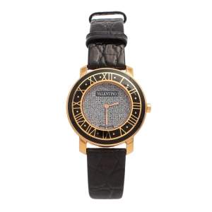 Valentino Metallic Black Rose Gold Plated Stainless Steel Leather Histoire Women's Wristwatch 37 mm