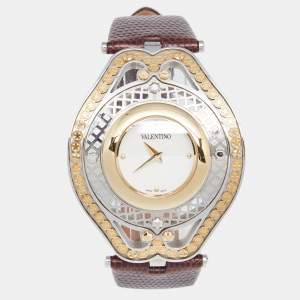 Valentino White Two Tone Stainless Steel Leather  Classic V58 Women's Wristwatch 42 mm