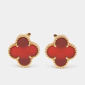 Van Cleef & Arpels Vintage Alhambra Carnelian 18k Yellow Gold Earrings