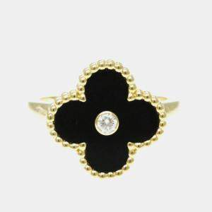 Van Cleef & Arpels 18K Yellow Gold, Diamond and Onyx Vintage Alhambra Ring EU 52