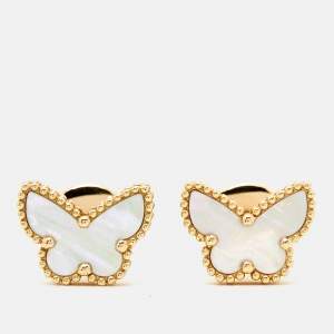 Pre Owned Van Cleef & Arpels Sweet Alhambra Butterfly Mother of Pearl 18K Yellow Gold Stud Earrings