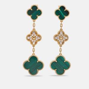 Van Cleef & Arpels Magic Alhambra Malachite Diamond 18k Yellow Gold Earrings