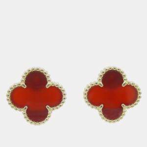 Van Cleef & Arpels 18K Yellow Gold Carnelian Red Alhambra Earrings