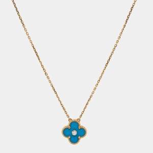 Pre Owned Van Cleef & Arpels Vintage Alhambra Limited Edition 2019 Blue Porcelain Diamond 18k Yellow Gold Holiday Pendant Necklace