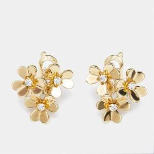 Pre Owned Van Cleef & Arpels Frivole 3 Flowers Diamond 18k Yellow Gold Mini Model Earrings