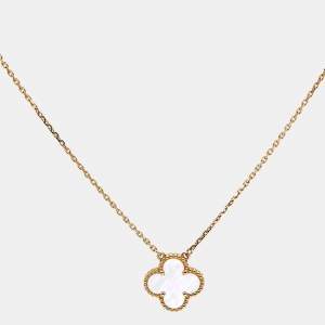 Pre Owned Van Cleef & Arpels Vintage Alhambra Mother of Pearl 18k Yellow Gold Necklace
