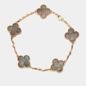 Pre Owned Van Cleef & Arpels Vintage Alhambra Grey Mother of Pearl 18K Rose Gold 5 Motif Station Bracelet