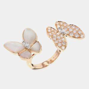 Van Cleef & Arpels 18K Pink Gold Diamond Mother of Pearl Two Butterfly Between The Finger Ring EU 50 
