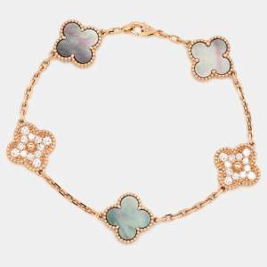 Van Cleef & Arpels Vintage Alhambra Diamond Mother of Pearl 18K Rose Gold Station Bracelet