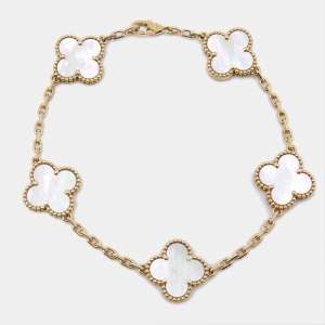 مملوكة مسبقًا Van Cleef & Arpels Vintage Alhambra Mother of Pearl 18k Yellow Gold 5 Motif Station Bracelet