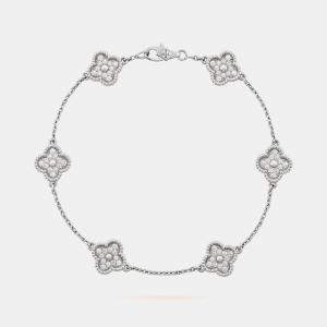 Van Cleef & Arpels 18K White Gold Sweet Alhambra Diamond 6 Motif Station Bracelet