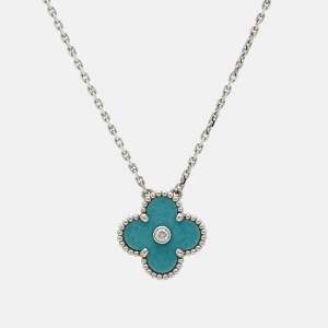 Van Cleef & Arpels Vintage Alhambra Limited Edition Holiday 2022 Celadon Sevres Porcelain Diamond 18k White Gold Necklace