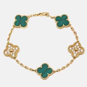Van Cleef & Arpels Vintage Alhambra Malachite Diamond 18k Yellow Gold 5 Motif Station Bracelet
