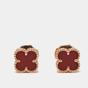 Van Cleef & Arpels Sweet Alhambra Carnelian 18k Rose Gold Stud Earrings