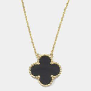 Van Cleef & Arpels 18K Yellow Gold Black Onyx Single Motif Vintage Alhambra Necklace