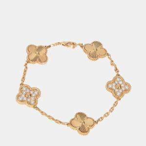 Van Cleef & Arpels 18K Yellow Gold and Diamond Vintage Alhambra 5 Motifs Bracelet