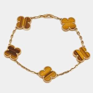 Van Cleef & Arpels Vintage Alhambra Tiger's Eye 18k Yellow Gold 5 Motif Station Bracelet