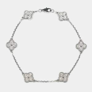 Van Cleef & Arpels Sweet Alhambra Diamonds 18k White Gold 6 Motif Station Bracelet