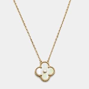 Pre Owned Van Cleef & Arpels Vintage Alhambra Yellow Mother of Pearl Diamond 18k Yellow Gold 2018 Holiday Necklace