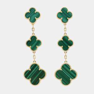 Van Cleef & Arpels 18K Yellow Gold and Malachite Magic Alhambra 3 Motif Earrings