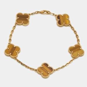 Pre Owned Van Cleef & Arpels Vintage Alhambra Tiger's Eye 18k Yellow Gold 5 Motif Station Bracelet